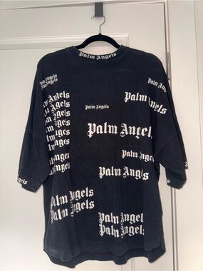 Palm Angels Black Tee with White All-Over Logo Print